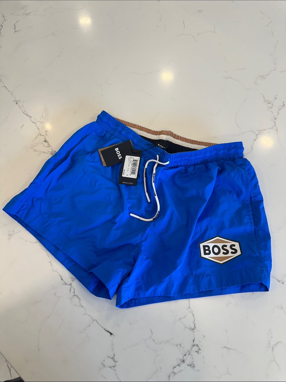 BOSS Bright Blue Athletic Swim Shorts with Logo Patch
